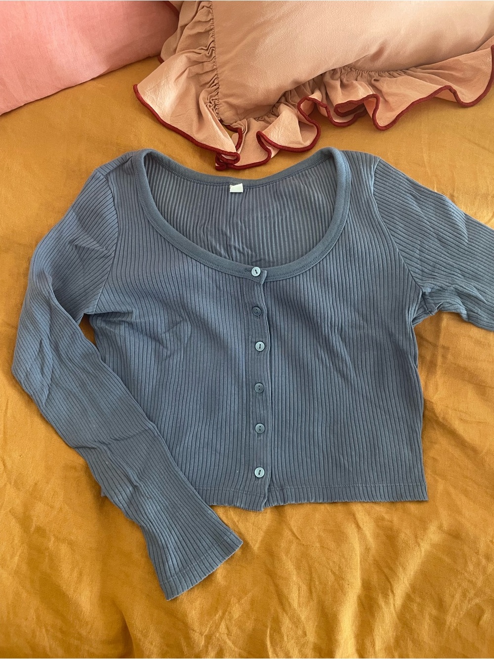 Ribbed Button-Front Long Sleeve Crop Top